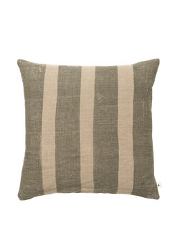 Oleo Cushion in tea green and natural with broad vertical stripes in washed linen