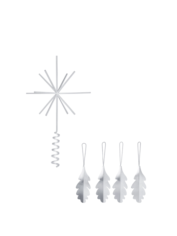 Christmas Tree Top Star & Oak Leaf Ornaments - Set of 4 - Gift Set - Silver