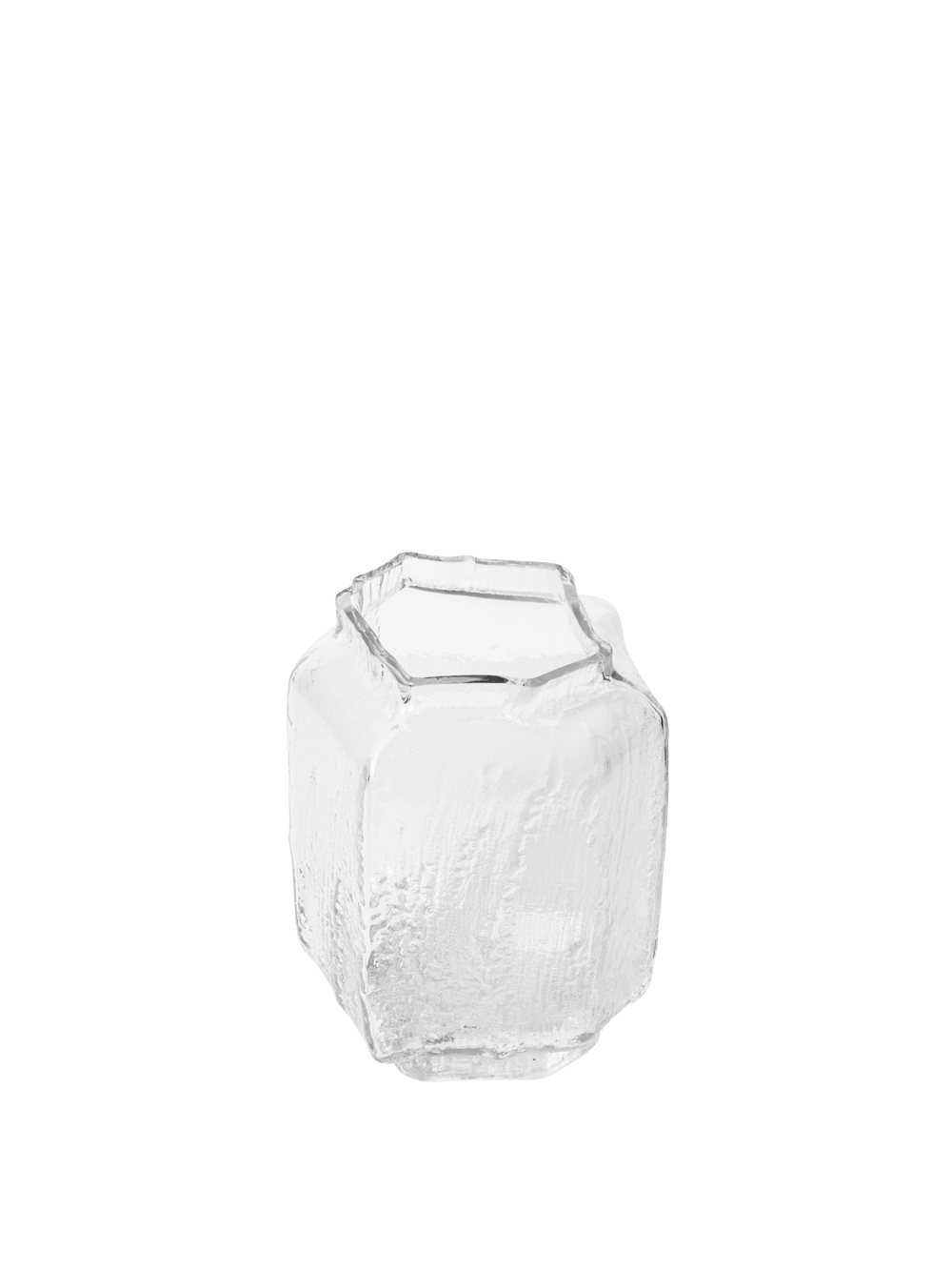 Angled view of the clear vase with textured faceted sides and wide opening