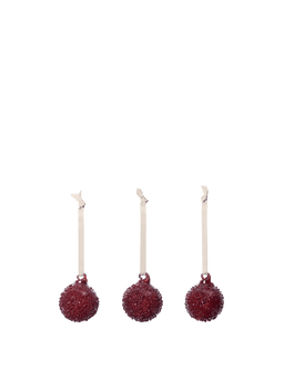 Flurry Glass Baubles in picante red, set of 3 small textured baubles on ribbons
