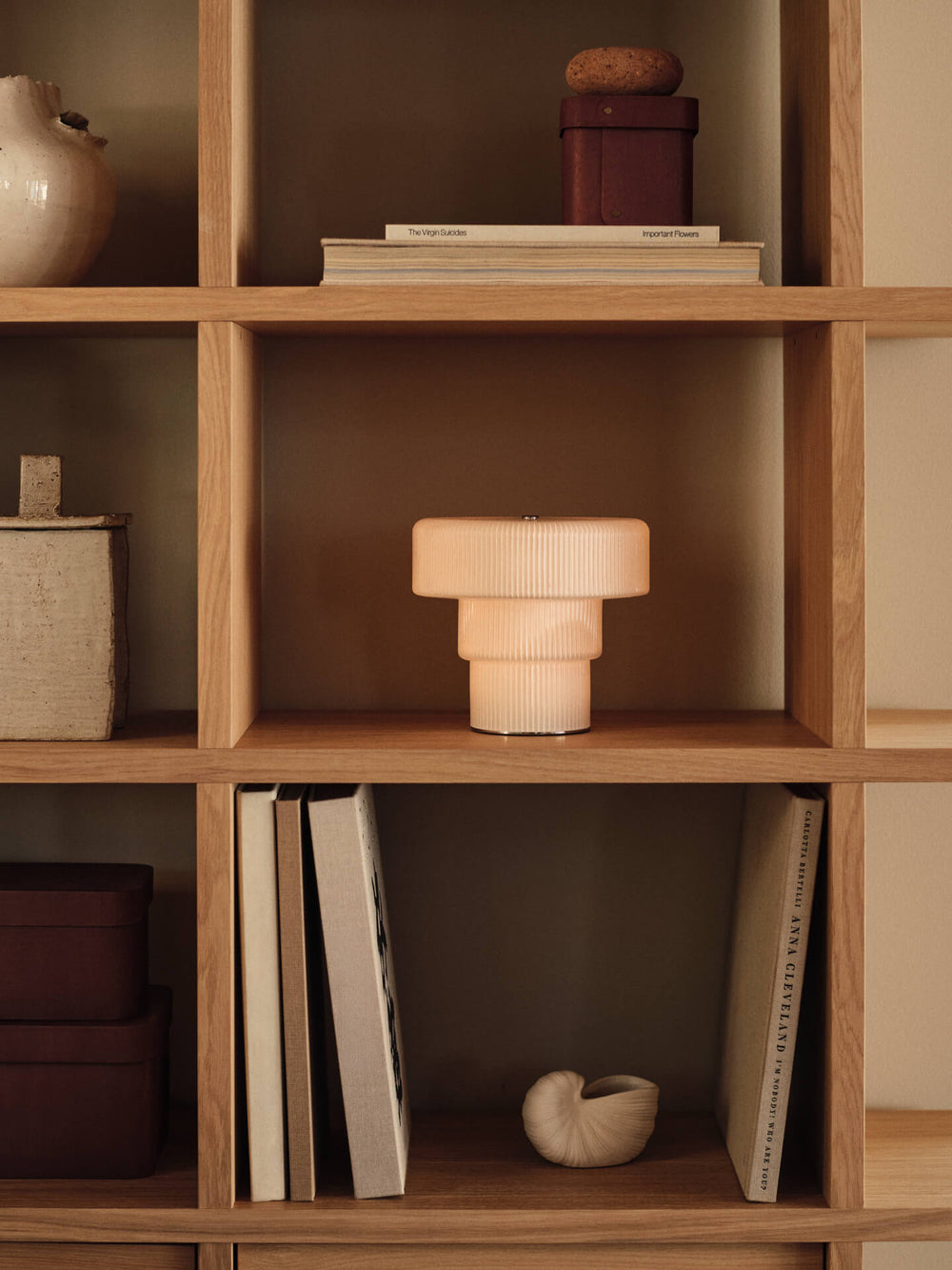 Lit portable lamp on a shelving unit with books, boxes and a shell ornament