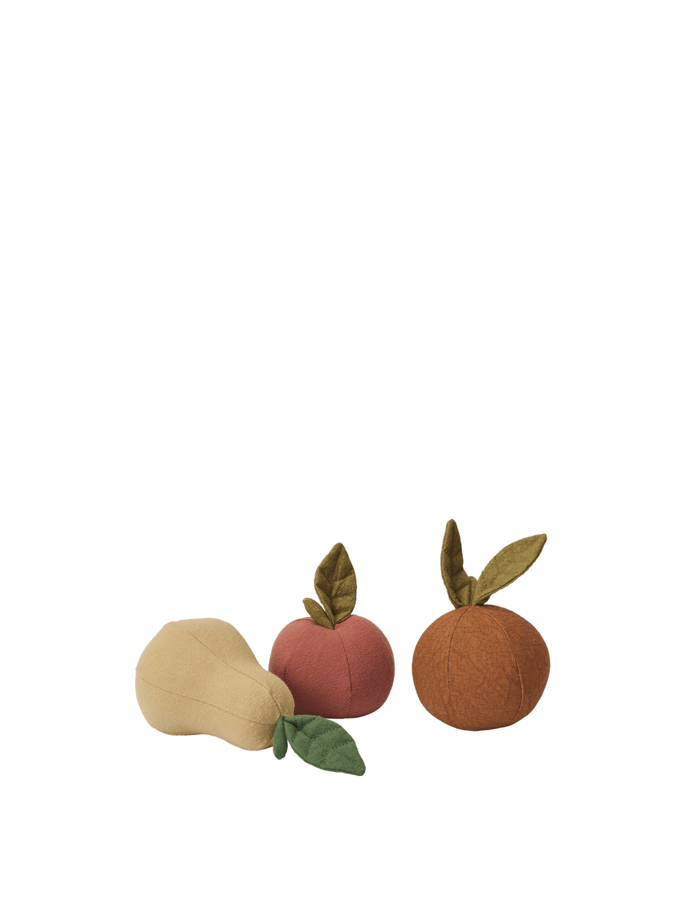 Set of three soft play fruits, a pear, an apple and an orange with stitched leaves