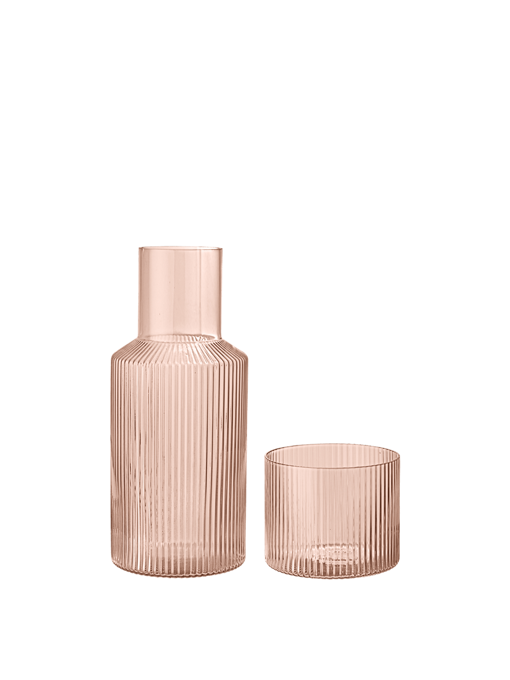 Ripple Carafe Set in blush, small ribbed glass carafe with matching glass