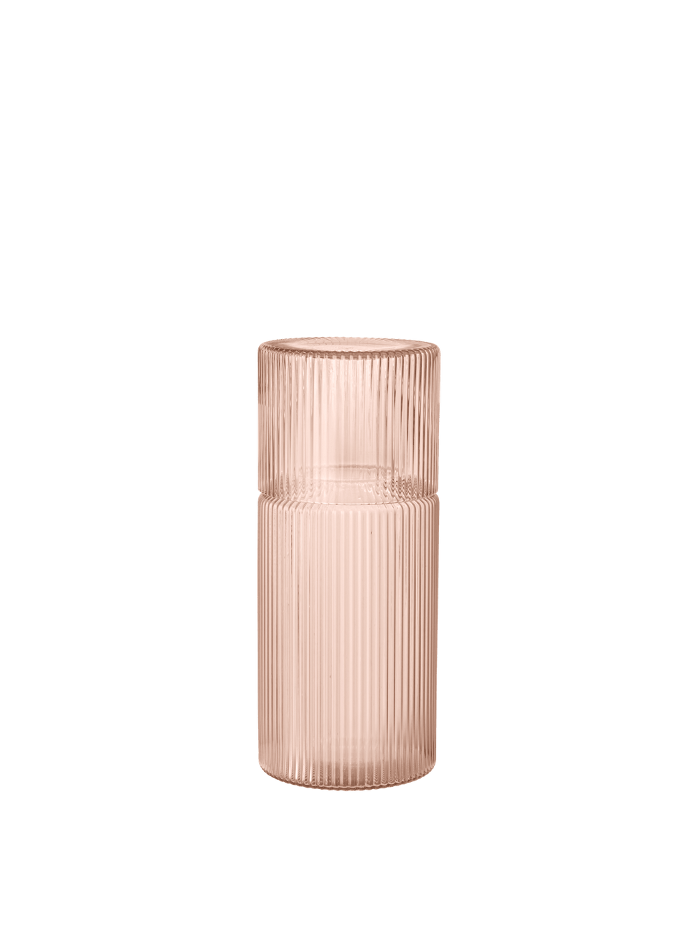 Ribbed carafe in blush with the matching glass inverted as a lid