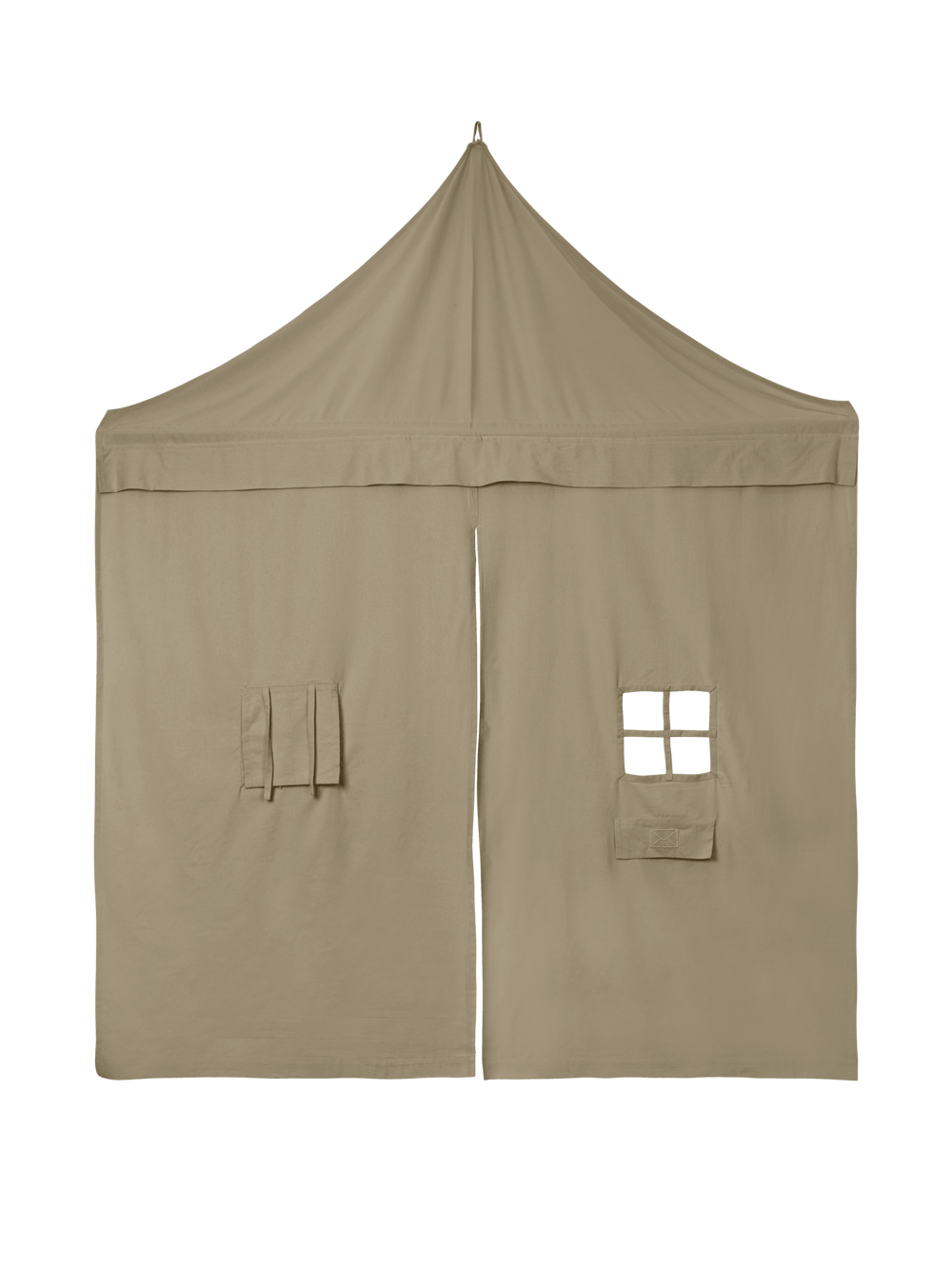 Settle Corner Curtain in Elm Green, shaped like a house with a window and postbox