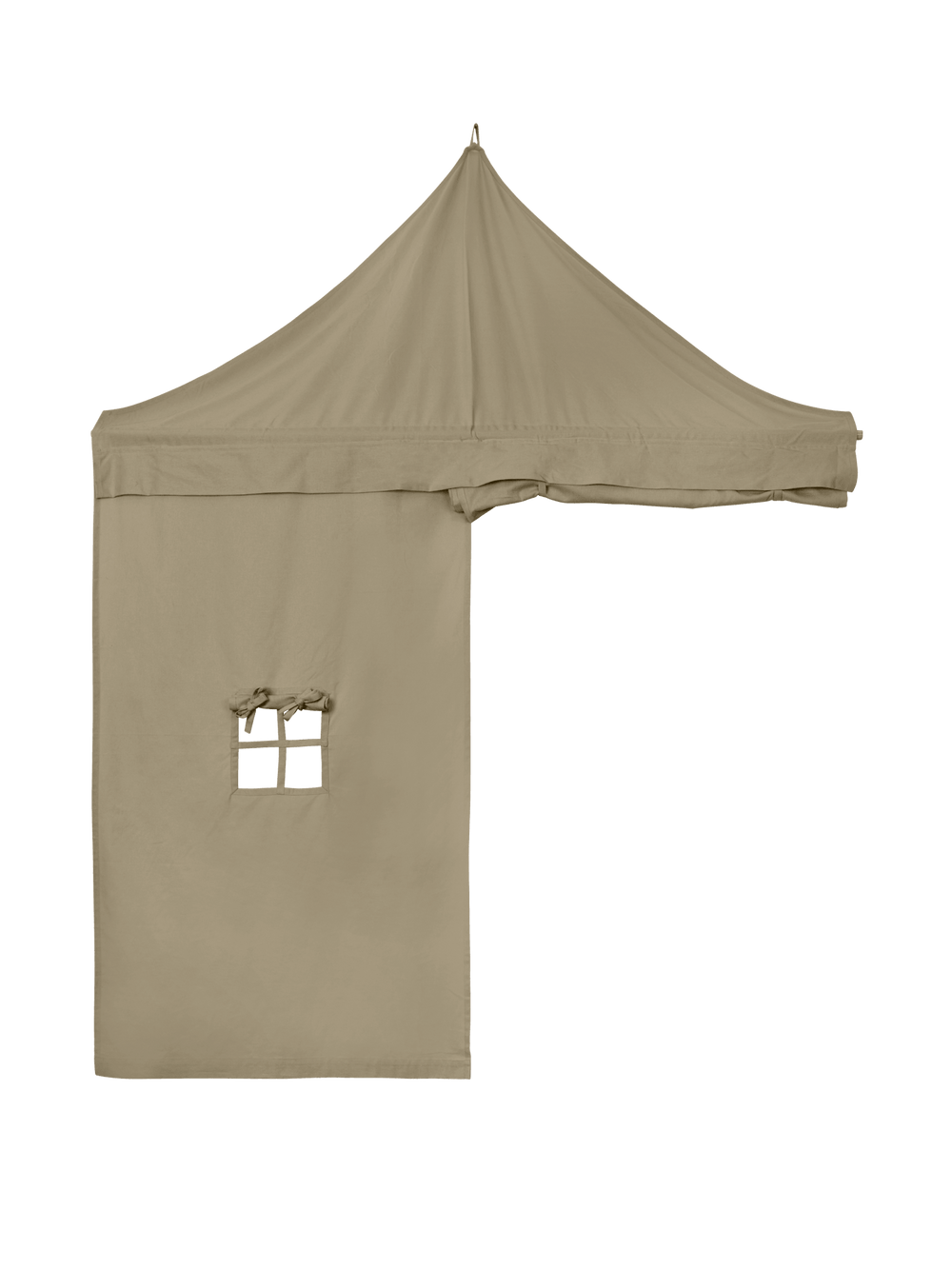 Corner play curtain hung from its peak, with pitched roof and tie-back window opening