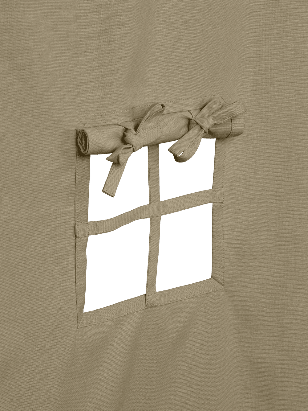 Close-up of the window opening with fabric bars and rolled curtain tied with bows