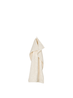 Cilla Guest Towel in off-white with tonal floral relief pattern, hanging folded