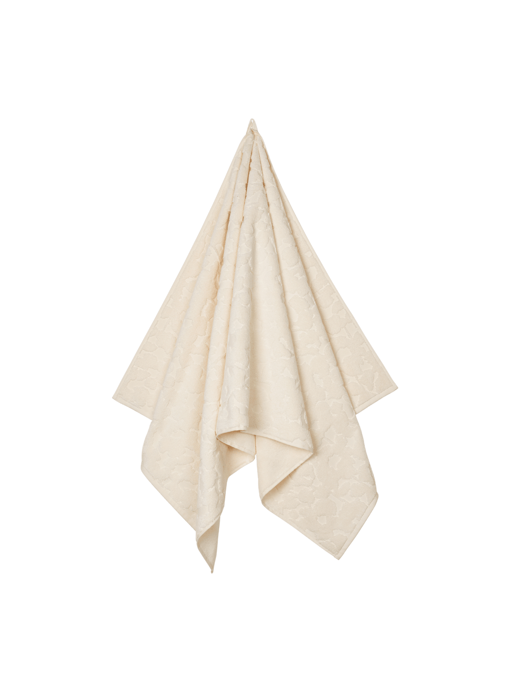 Cilla Bath Towel in off-white with raised tonal floral pattern, hanging