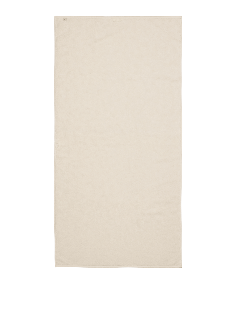 Bath towel in off-white laid flat, showing the full rectangle with hanging loop