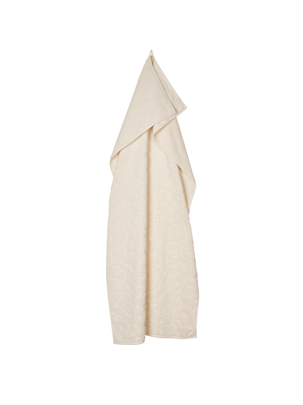 Bath towel hanging folded over a hook, showing the raised tonal floral relief