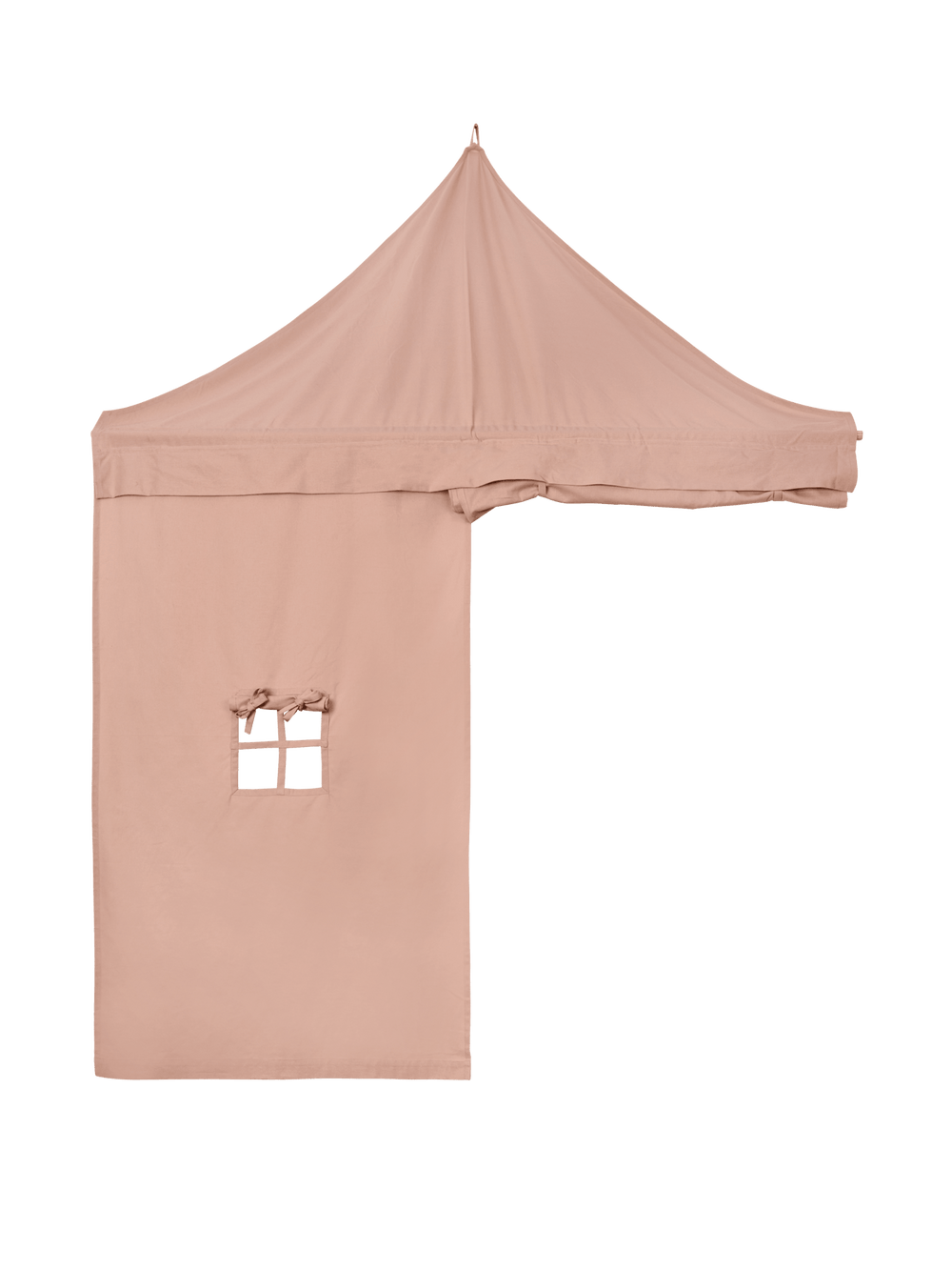 Corner play curtain in rose with peaked roof and small tie-back window