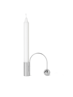 Balance Candle Holder in chrome with arched handle, ball counterweight and white candle