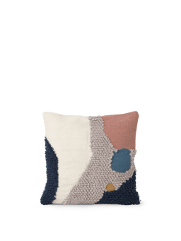 Loop Cushion in Landscape with looped pile in off-white, grey, pink and dark blue