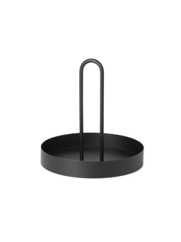 Grib Tray in black, round tray with tall arched handle
