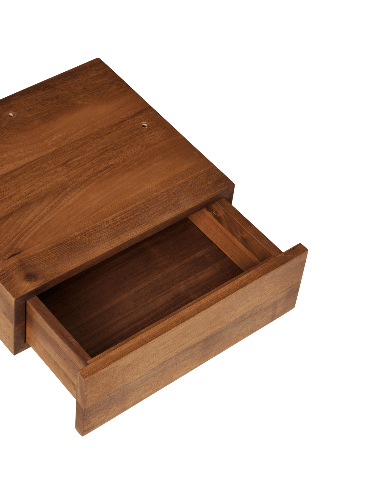 Close-up of the table's mounted drawer pulled open, seen from above